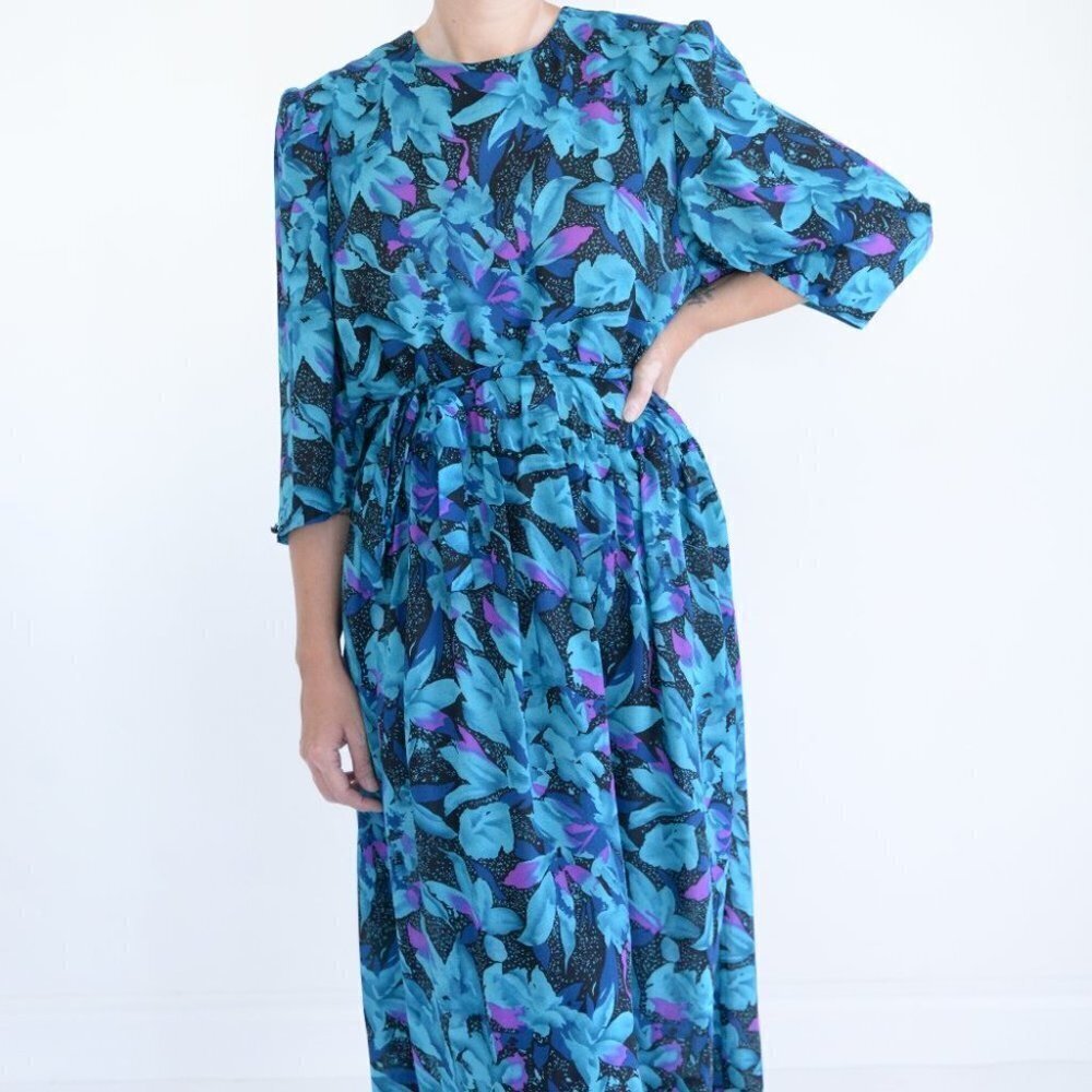 Floral Blue and Purple Midi Dress Vintage Traditional Sears Maxi Dress